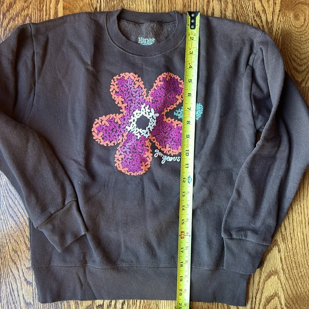 Hanes Comfortsoft Brown Kids Crewneck Sweatshirt with Orange and Pink Flower